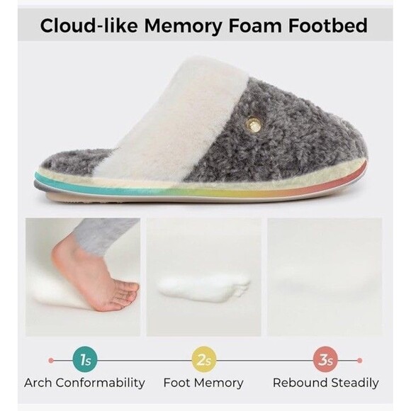 Slippers Cute Memory Foam Fuzzy House Bedroom Womens 7-8 Grey Comfy Cozy - Picture 4 of 7